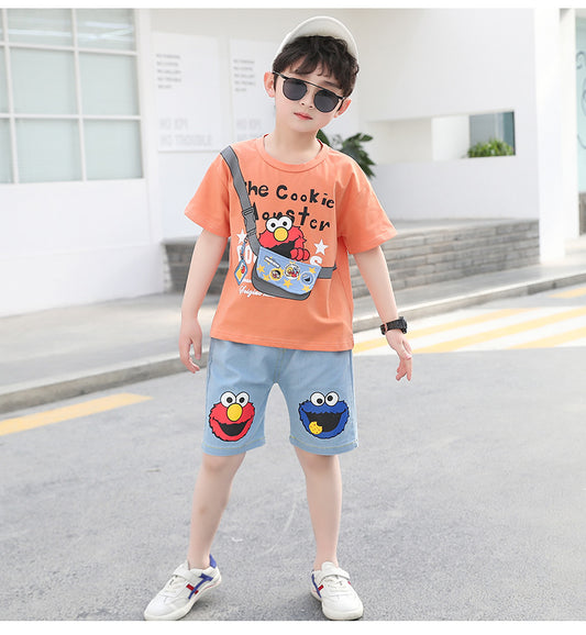 Boys clothes Pakistan cartoon print t-shirt + denim short dress for boys