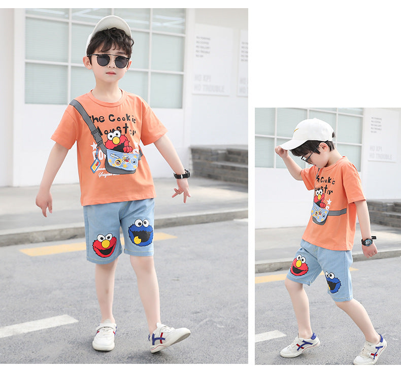 Boys clothes Pakistan cartoon print t-shirt + denim short dress for boys
