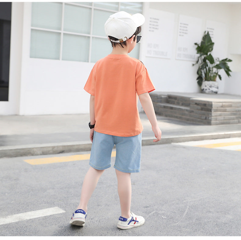 Boys clothes Pakistan cartoon print t-shirt + denim short dress for boys
