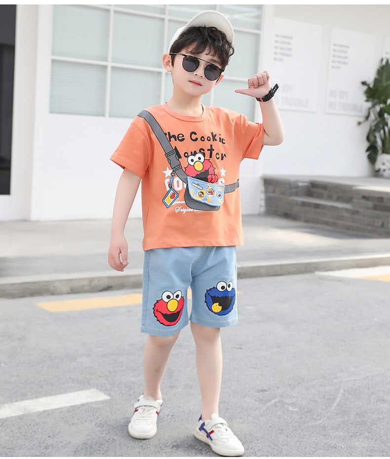 Boys clothes Pakistan cartoon print t-shirt + denim short dress for boys