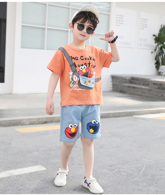 Boys clothes Pakistan cartoon print t-shirt + denim short dress for boys