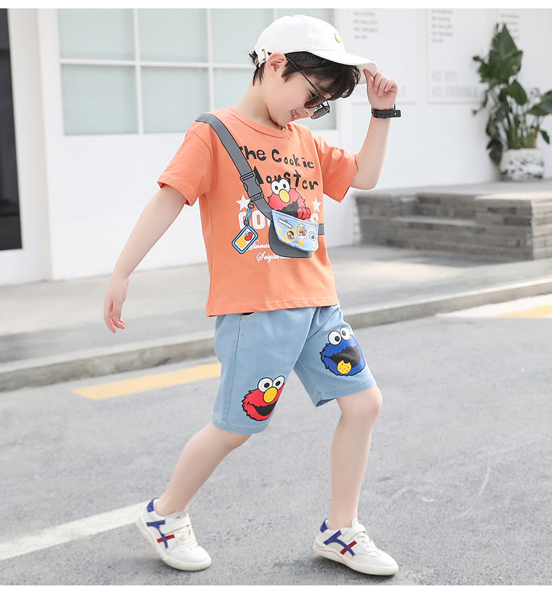 Boys clothes Pakistan cartoon print t-shirt + denim short dress for boys