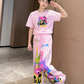 Cute Pink Cartoon T-shirt Pants Set Fashion Straight Pants Rainbow Outfits In Summer