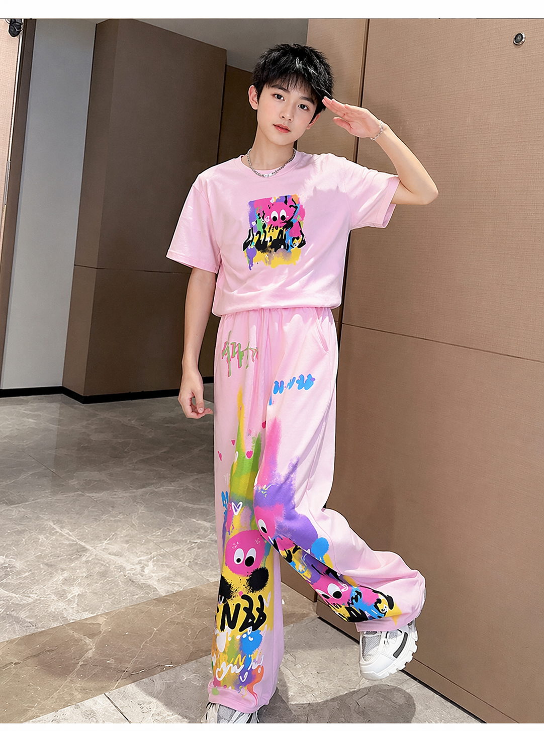 Cute Pink Cartoon T-shirt Pants Set Fashion Straight Pants Rainbow Outfits In Summer