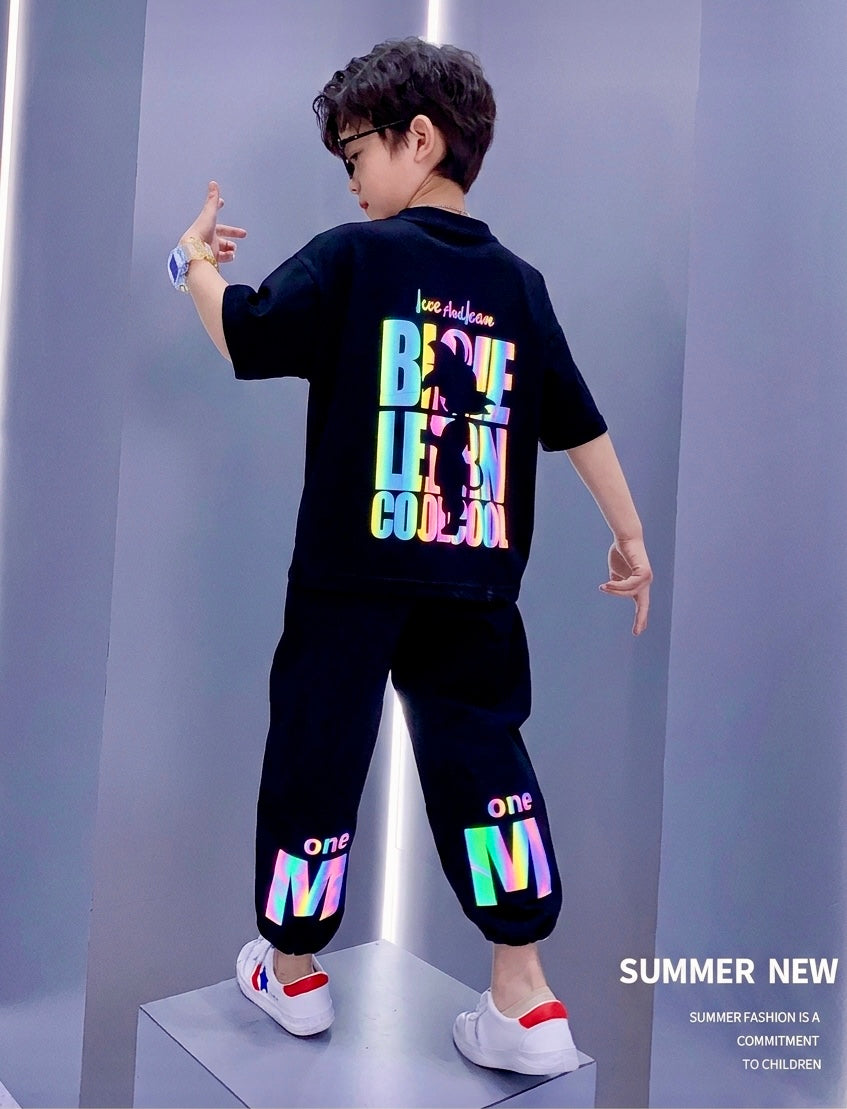 Summer Clothes Reflective T-Shirt + Trouser With Multi Colour Print