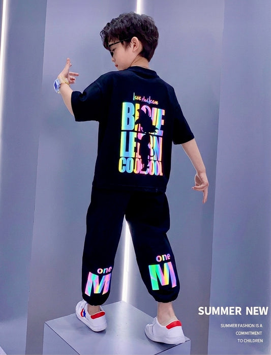 Summer Clothes Reflective T-Shirt + Trouser With Multi Colour Print