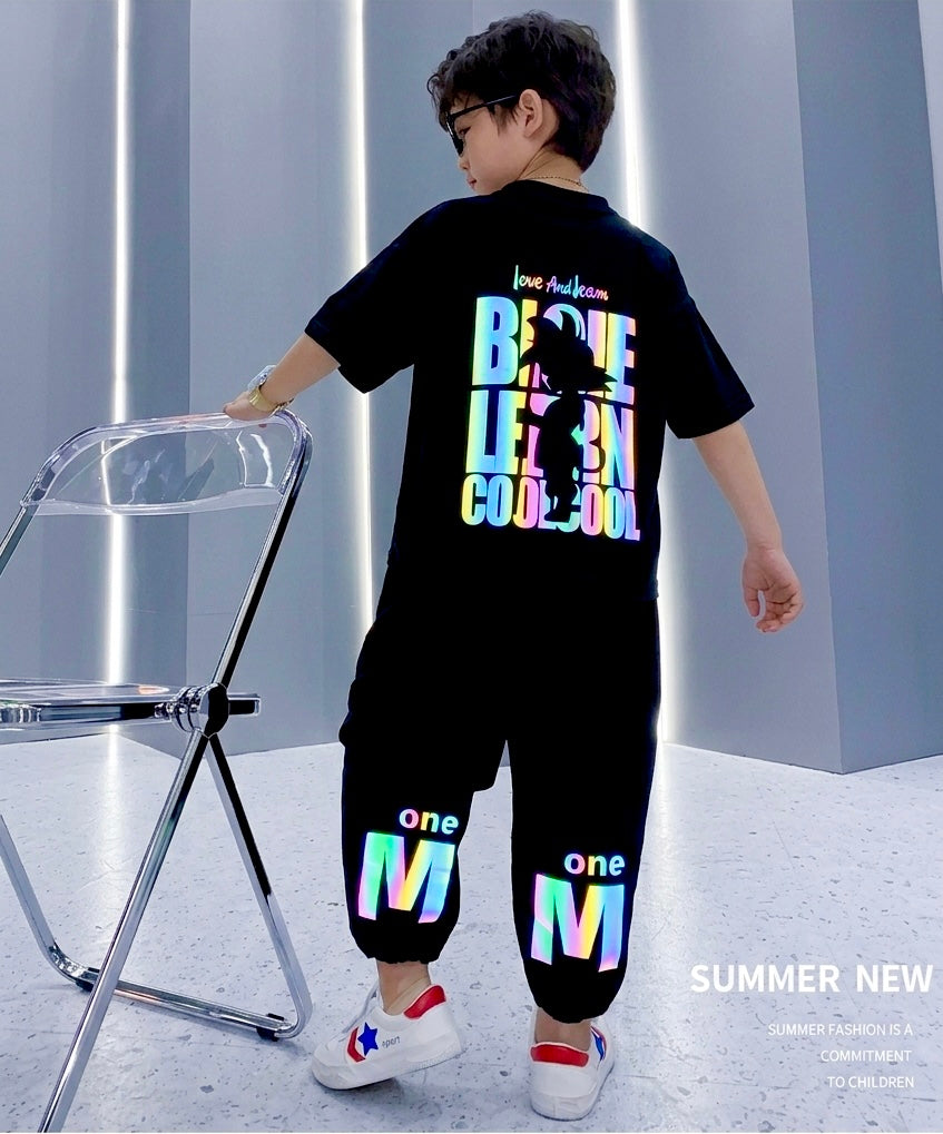 Summer Clothes Reflective T-Shirt + Trouser With Multi Colour Print