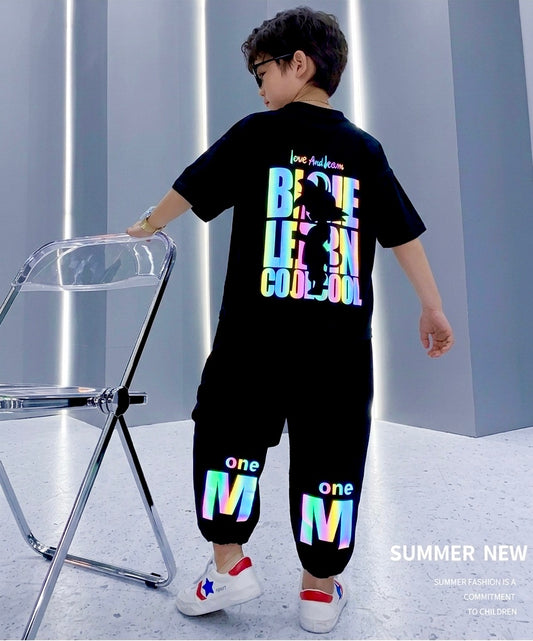 Summer Clothes Reflective T-Shirt + Trouser With Multi Colour Print
