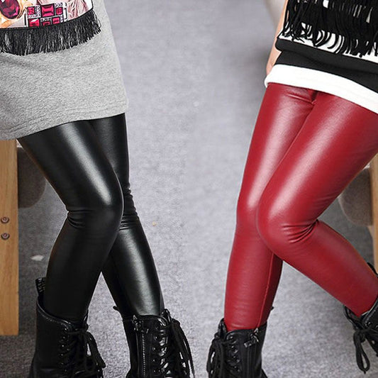 4361 Casual style pattern leather tights inside furr for girls