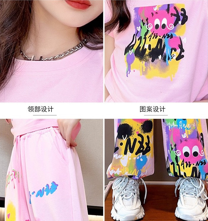 Cute Pink Cartoon T-shirt Pants Set Fashion Straight Pants Rainbow Outfits In Summer