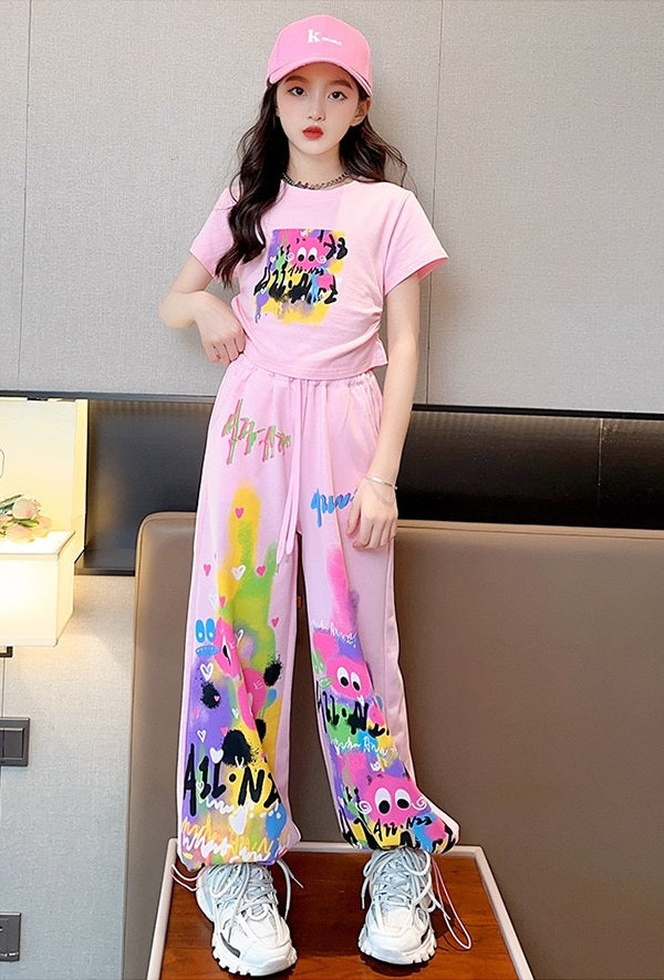 Cute Pink Cartoon T-shirt Pants Set Fashion Straight Pants Rainbow Outfits In Summer