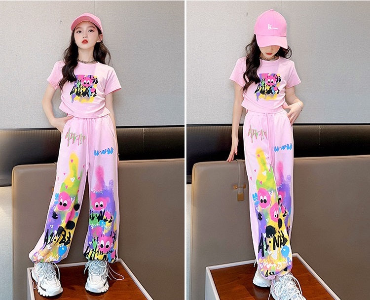 Cute Pink Cartoon T-shirt Pants Set Fashion Straight Pants Rainbow Outfits In Summer