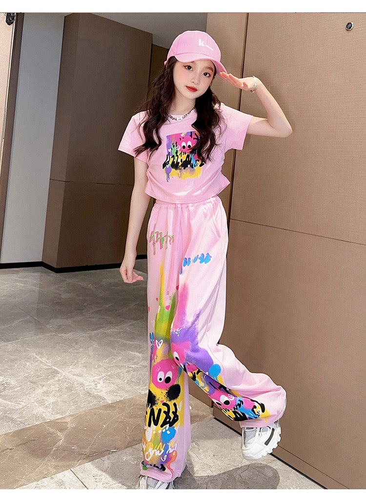 Cute Pink Cartoon T-shirt Pants Set Fashion Straight Pants Rainbow Outfits In Summer
