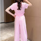 Cute Pink Cartoon T-shirt Pants Set Fashion Straight Pants Rainbow Outfits In Summer