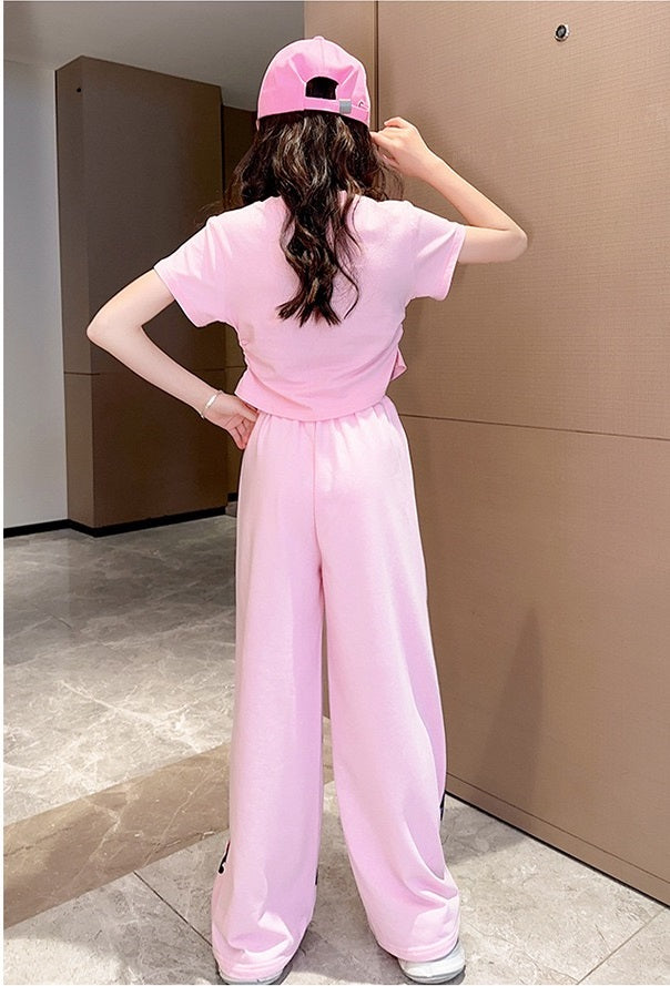 Cute Pink Cartoon T-shirt Pants Set Fashion Straight Pants Rainbow Outfits In Summer