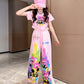 Cute Pink Cartoon T-shirt Pants Set Fashion Straight Pants Rainbow Outfits In Summer