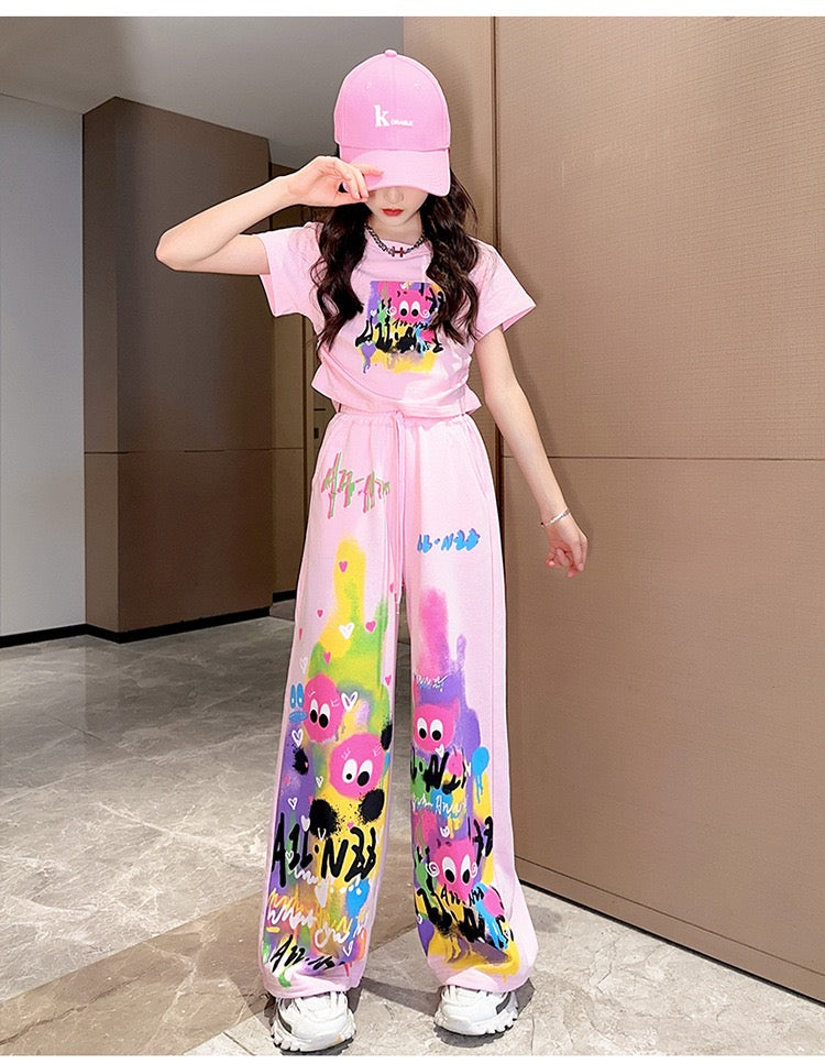 Cute Pink Cartoon T-shirt Pants Set Fashion Straight Pants Rainbow Outfits In Summer
