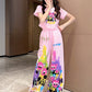 Cute Pink Cartoon T-shirt Pants Set Fashion Straight Pants Rainbow Outfits In Summer