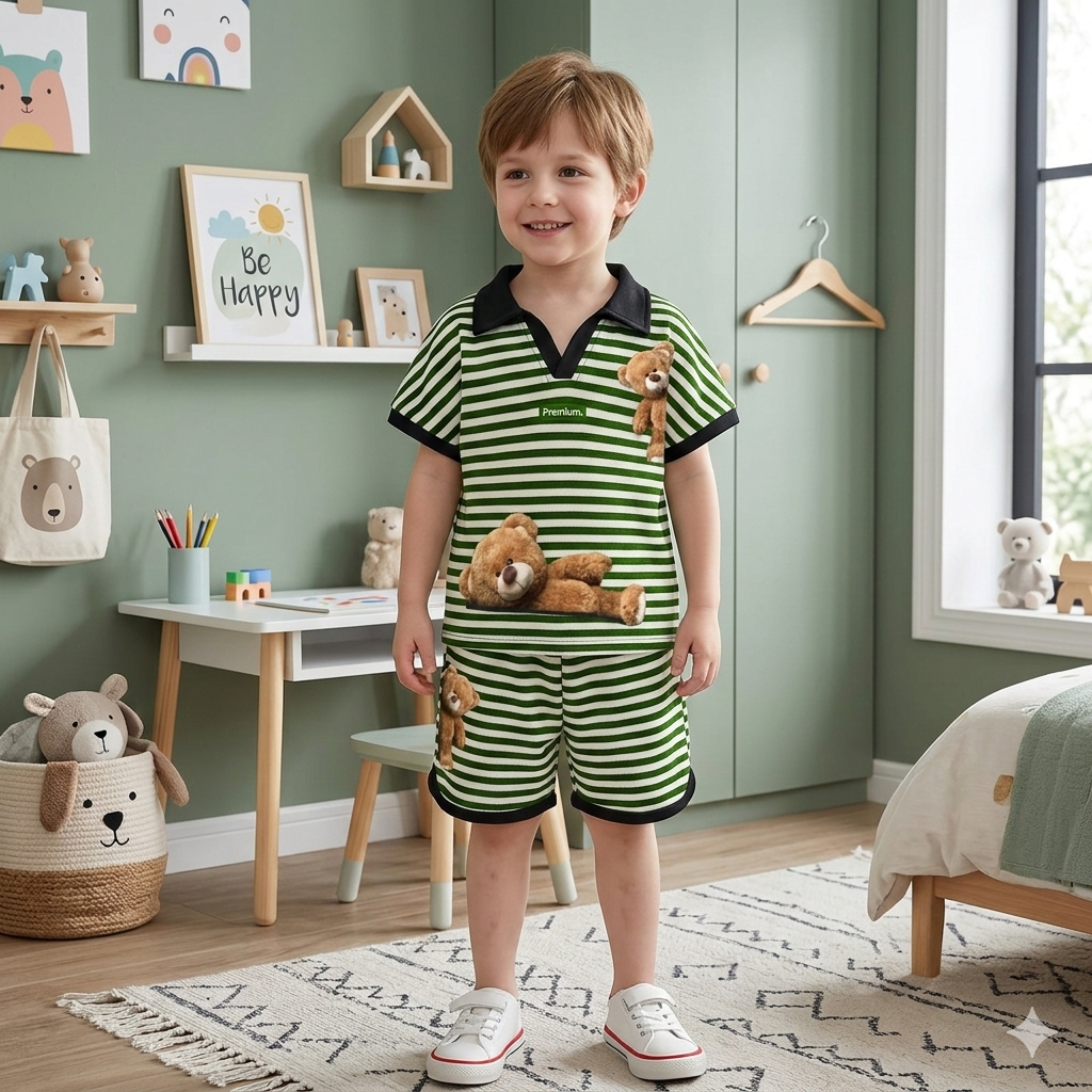 Summer t-shirt+short with 3D teddy dress for boys and girls