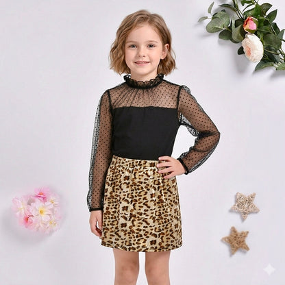 Leopard print skirt ruffles lace top shirt with skirt dress for girls