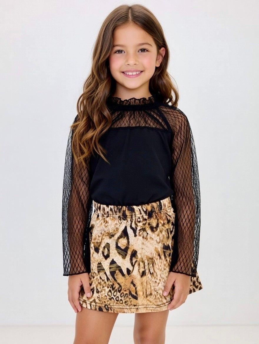 Leopard print skirt ruffles lace top shirt with skirt dress for girls
