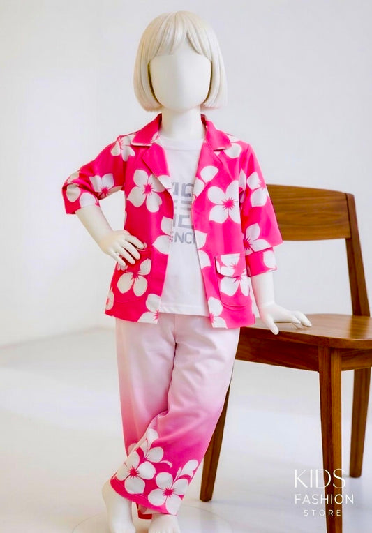 Girls' 3-Piece Pink Floral Co-ord Set with Jacket, Graphic Tee, and Pants