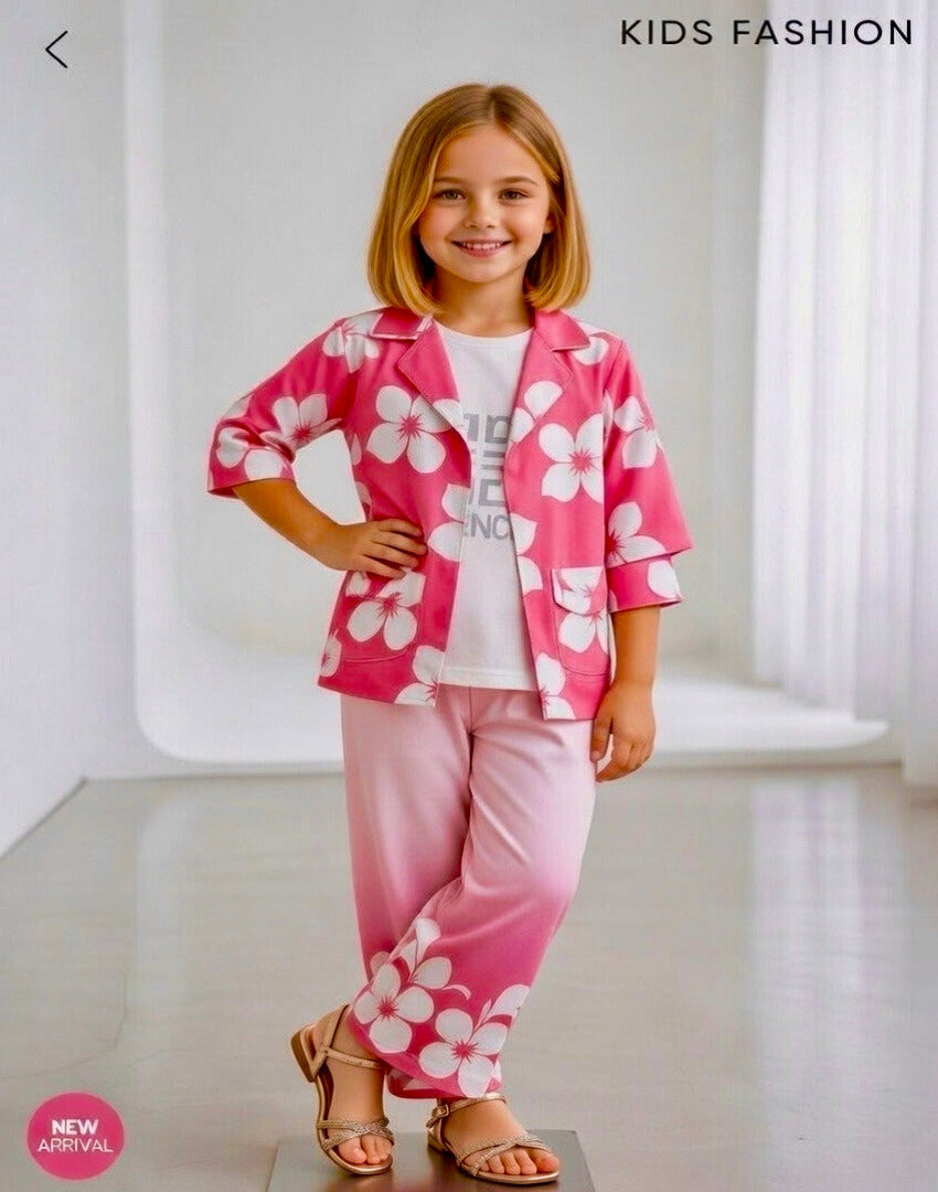 Girls' 3-Piece Pink Floral Co-ord Set with Jacket, Graphic Tee, and Pants