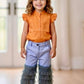 Western Style Sleeveless Shirt With Stylish Edges In Dark Mustard And Mesh With 5 Layers Capri In Jeans Look For Girls