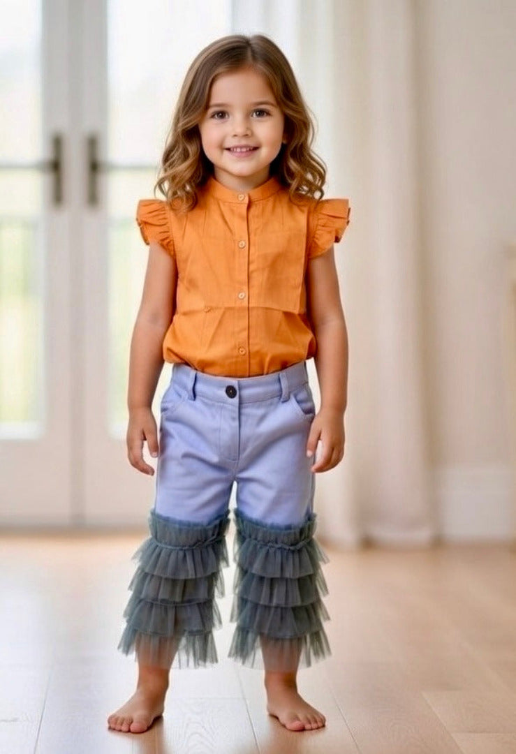 Western Style Sleeveless Shirt With Stylish Edges In Dark Mustard And Mesh With 5 Layers Capri In Jeans Look For Girls