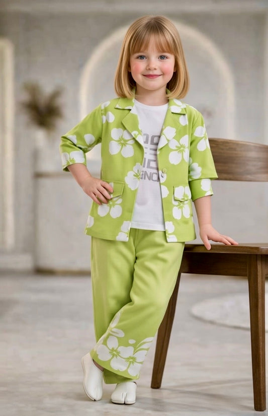 Girls' 3-Piece Pink Floral Co-ord Set with Jacket, Graphic Tee, and Pants