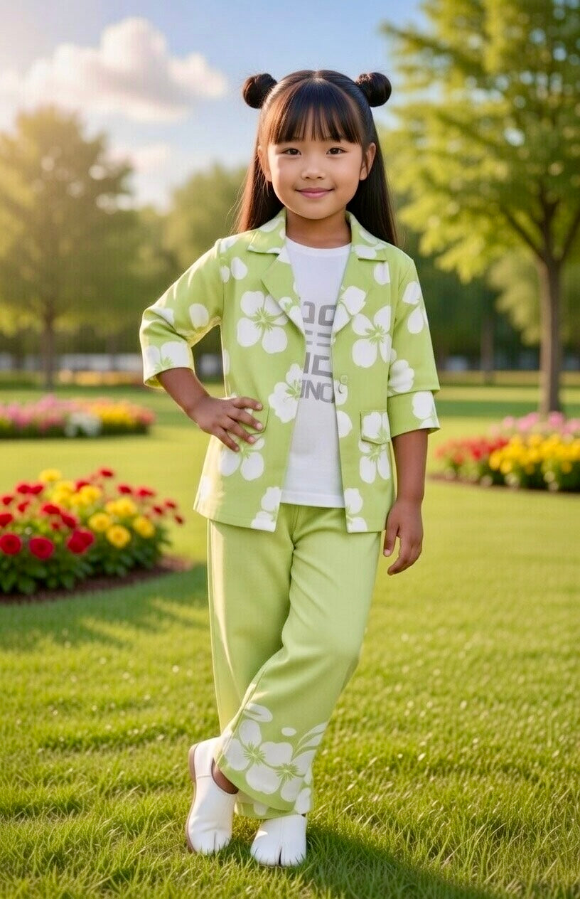 Girls' 3-Piece Pink Floral Co-ord Set with Jacket, Graphic Tee, and Pants