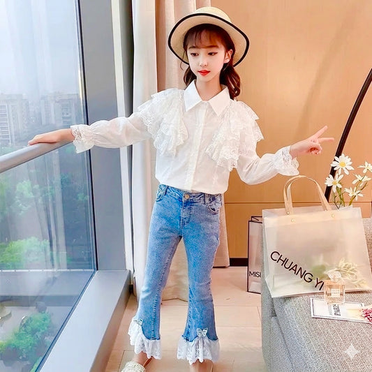 Children's Suit Flower Girl's Lace Doll Collar Long White Shirt with Bow Jeans Summer Suits Clothes for Kids