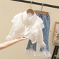 Children's Suit Flower Girl's Lace Doll Collar Long White Shirt with Bow Jeans Summer Suits Clothes for Kids