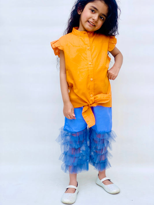 Western Style Sleeveless Shirt With Stylish Edges In Dark Mustard And Mesh With 5 Layers Capri In Jeans Look For Girls