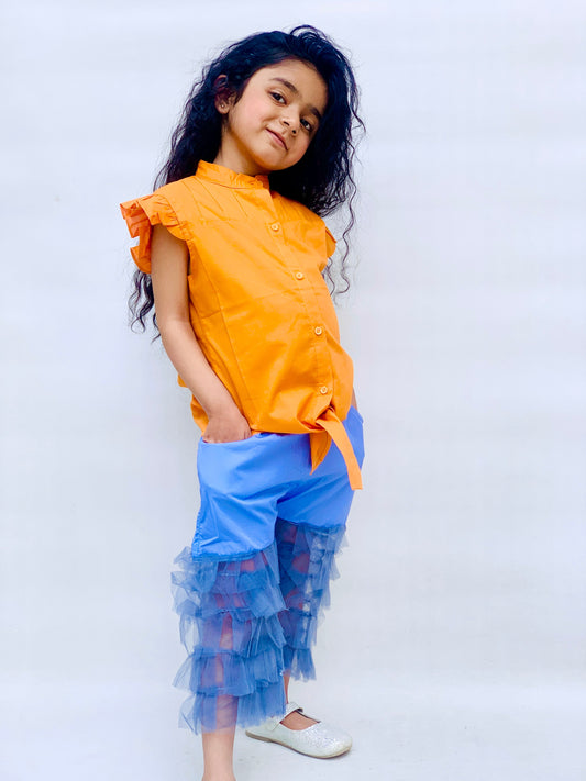 Western Style Sleeveless Shirt With Stylish Edges In Dark Mustard And Mesh With 5 Layers Capri In Jeans Look For Girls