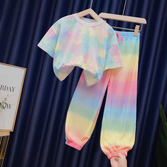 Rainbow Gradient Color Loose 2pcs T-shirts+pants Tie-dyed Clothing