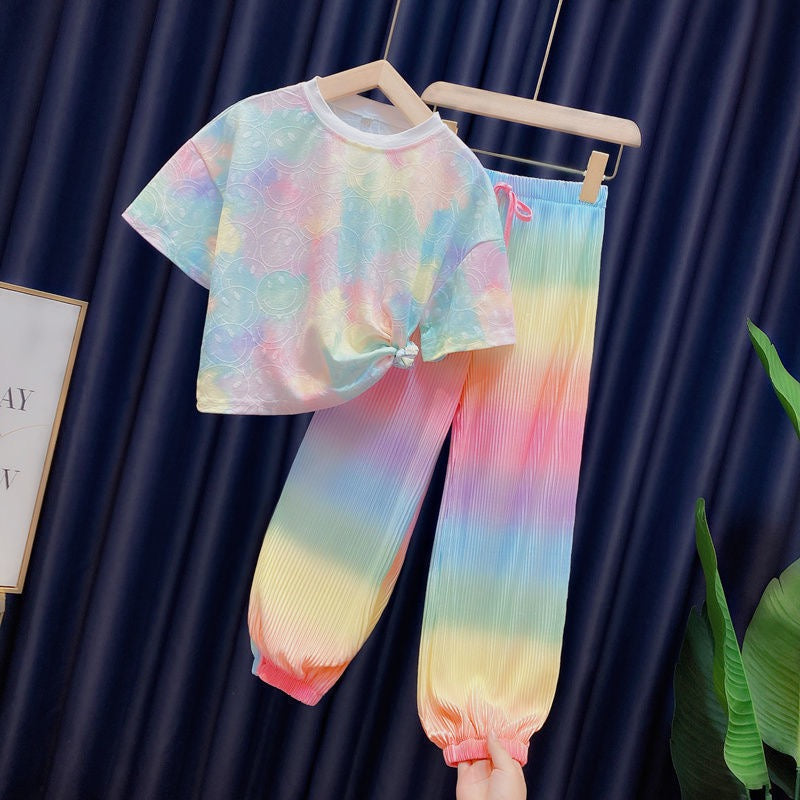 Rainbow Gradient Color Loose 2pcs T-shirts+pants Tie-dyed Clothing