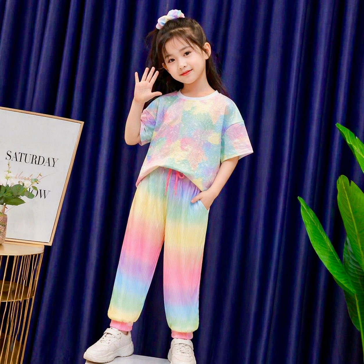 Rainbow Gradient Color Loose 2pcs T-shirts+pants Tie-dyed Clothing