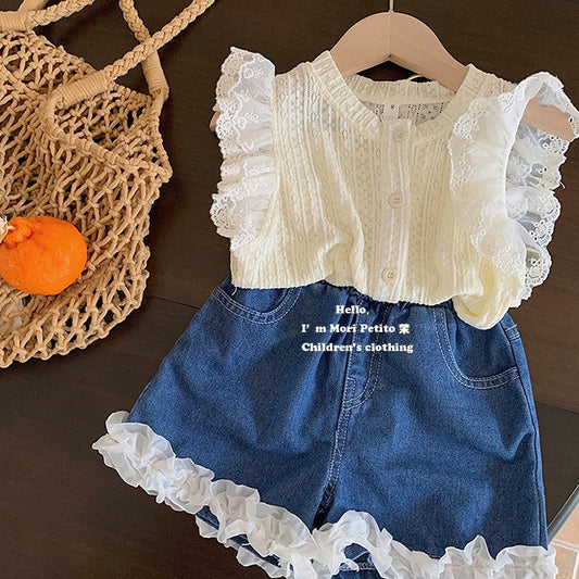 4658 kids clothing foreign style lace edge hollow sleeveless top thin denim short dress for girls