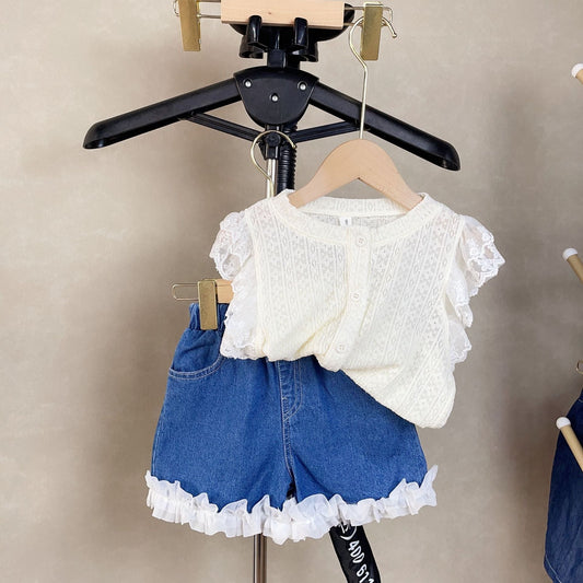 4658 kids clothing foreign style lace edge hollow sleeveless top thin denim short dress for girls