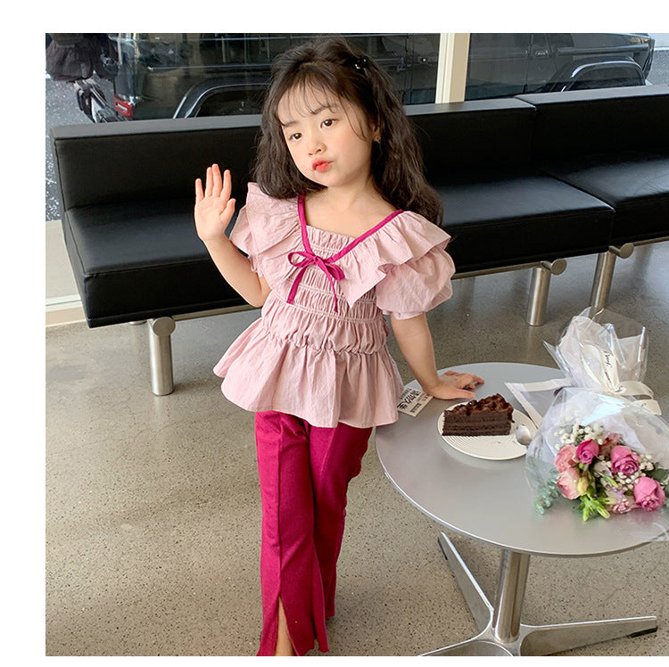 kids clothing brands in pakistan bowknot ruffles top + fashion bell-bottoms dress for girls