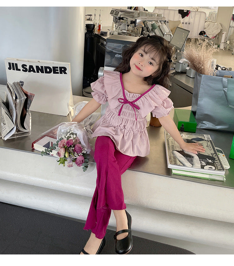 kids clothing brands in pakistan bowknot ruffles top + fashion bell-bottoms dress for girls