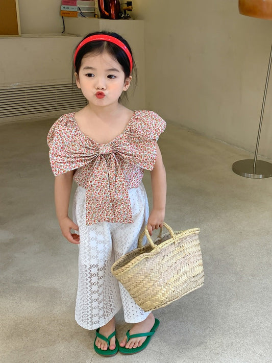 Kids wear Pakistan big bow floral short sleeved top + mosquito resistant pant 2 piece dress for girls