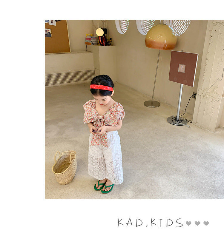 Kids wear Pakistan big bow floral short sleeved top + mosquito resistant pant 2 piece dress for girls