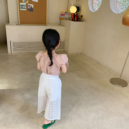 Kids wear Pakistan big bow floral short sleeved top + mosquito resistant pant 2 piece dress for girls