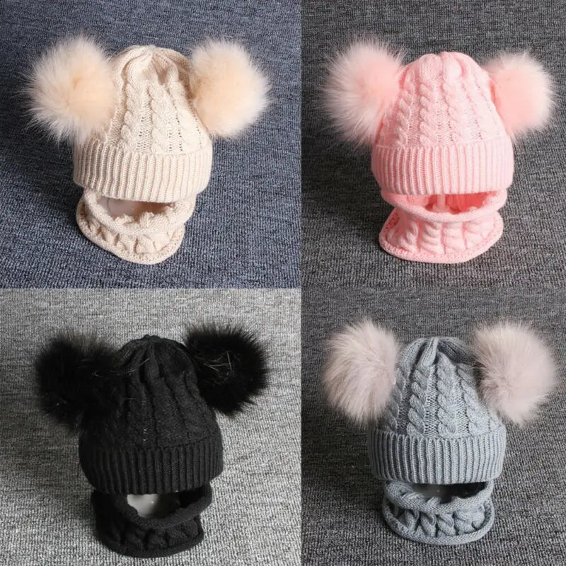 Kids caps online baby cap with scarf double pom pom set fur warm for boys and girls