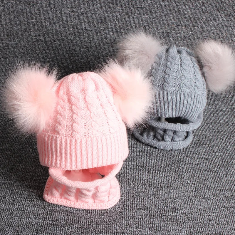 Kids caps online baby cap with scarf double pom pom set fur warm for boys and girls