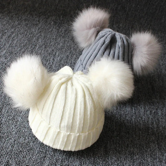 Kids caps online baby cap with scarf double pom pom set fur warm for boys and girls