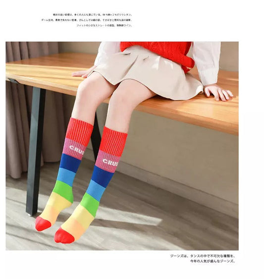 Rainbow multi color striped patchwork stylish socks for girls
