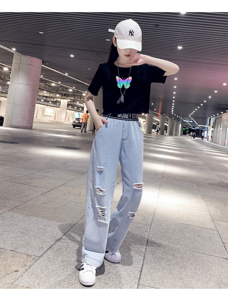 Western Dress butterfly print shirt with jeans 2 piece dress for girls